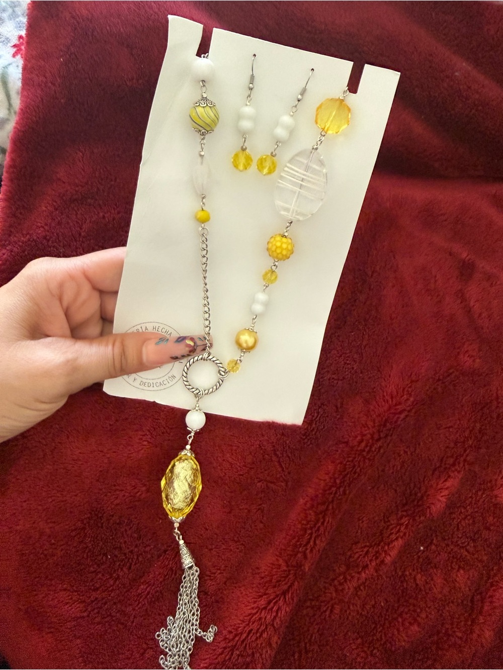 Handcrafted Yellow and White Beaded Necklace with Earrings Set